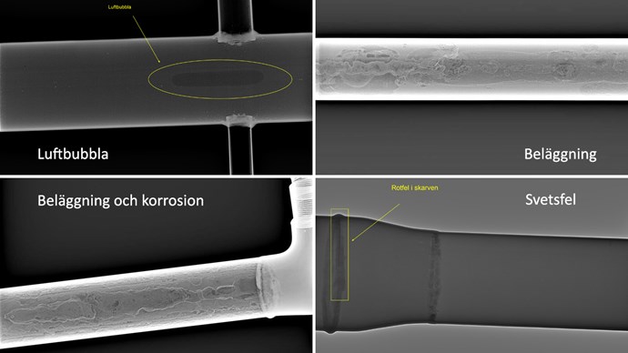 Exempel på upptäckta problem vid digitalröntgen av sprinklers och rör: luftbubbla, svetsfel, beläggningar och korrosion.