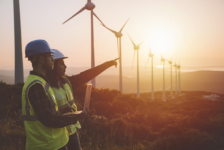 Two workers standing and pointing on a windmill field